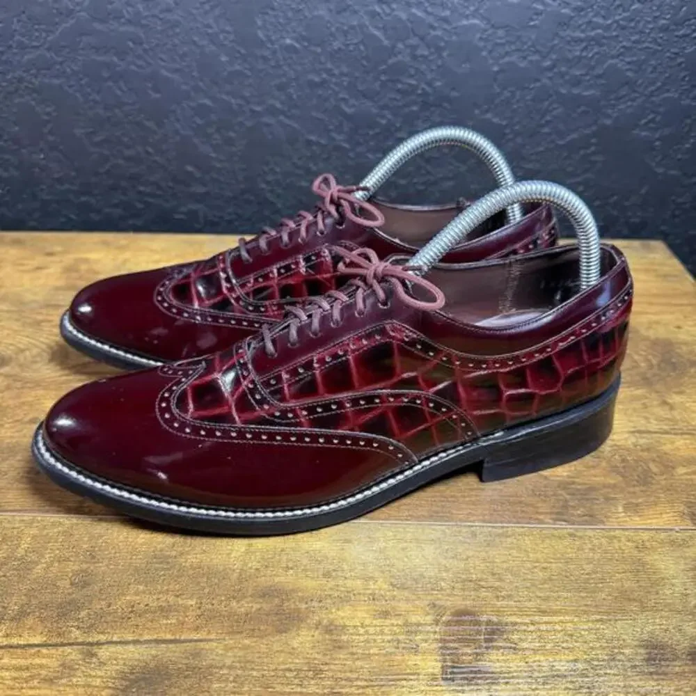 Stacy Baldwin 963 Burgundy Crocodile‎ Embossed Leather Wingtip Oxfords 7.5 EE
